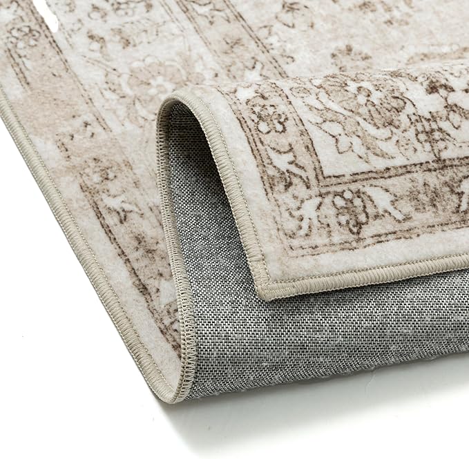 Taupe Area Rug 4x5 Washable Vintage Carpet for Office Kitchen Non Slip Retro Distressed Door Mat Low Pile Soft Oriental Medallion Thin Small Throw Rug Entryway Bedroom Bathroom Dining Room