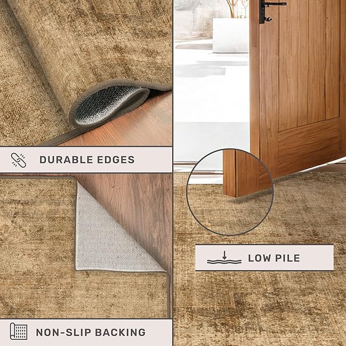 Large Brown Golden Rug for Dining Room Table - Rustic Farmhouse 9x12 Area Rug for Living Room, Bedroom Under Bed, Non Slip with Rubber Backing & Stain Resistant
