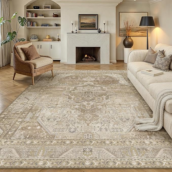 9x12 Washable Vintage Area Rug for Living Room Bedroom Non Slip Distressed Traditional Soft Large Throw Rug Beige Brown Low Pile Lightweight Floral Carpet Classroom Office Home Decor