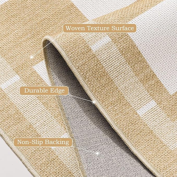 Vasofe 2x6 Runner Rug for Hallway, Washable Checkered Jute Rugs, Outdoor Indoor Patio Porch Balcony Bedroom Kitchen Laundry Geometric Mat, Non Slip Plaid Farmhouse Design Carpet, Khaki and White