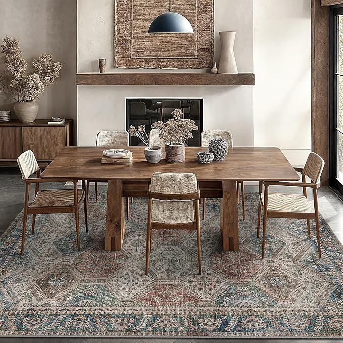 Bavni 8x10 Area Rugs for Living Room, Machine Washable Rug Non Slip, Vintage Chenille Distressed Print Carpet, Large Low Pile Ultra-Thin Lightweight Rugs for Bedroom, Dining Room, Home, Office, Red