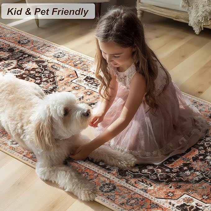 XWZO Runner Rug 2x6ft, Washable Hallway Runner with Non-Slip Backing, Vintage Spill Stain Resistant Floor Mat for Entryway Corridor Bedroom Kitchen, Soft Low-Pile Area Carpet, Brick Red