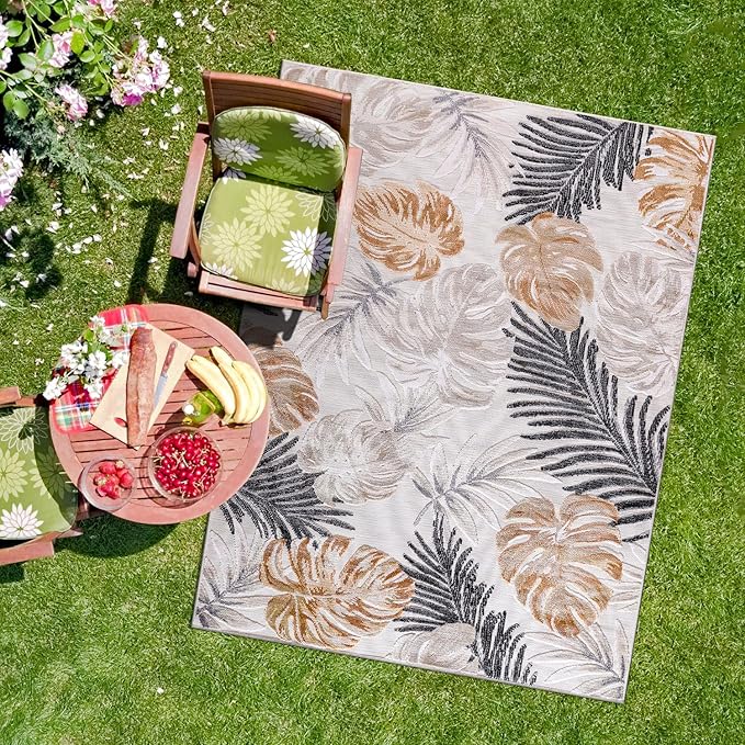 CAMILSON Indoor Outdoor Rug, Yellow 10’x14’ Leaf Tropical Botanical Area Rugs for Indoor and Outdoor patios, Easy-Cleaning Non-Shedding Living Room, Garden and Kitchen Washable Outside Carpet (10x14)