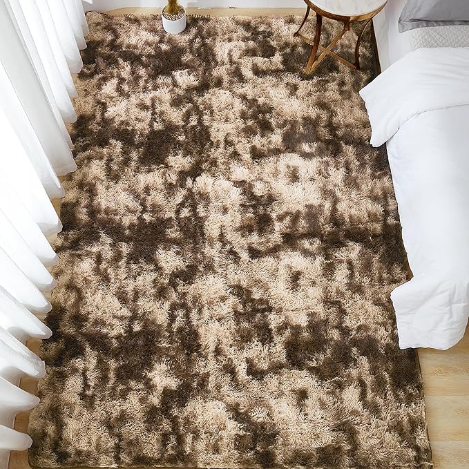 Andency Area Rugs 9x12 for Living Room Home Decor, Large Shaggy Bedroom Carpet, Non-Slip Big Shag Indoor Thick Soft Fluffy Furry Fur Area Rugs for Kids Dorm Nursery Aesthetic, Tie-Dyed Brown