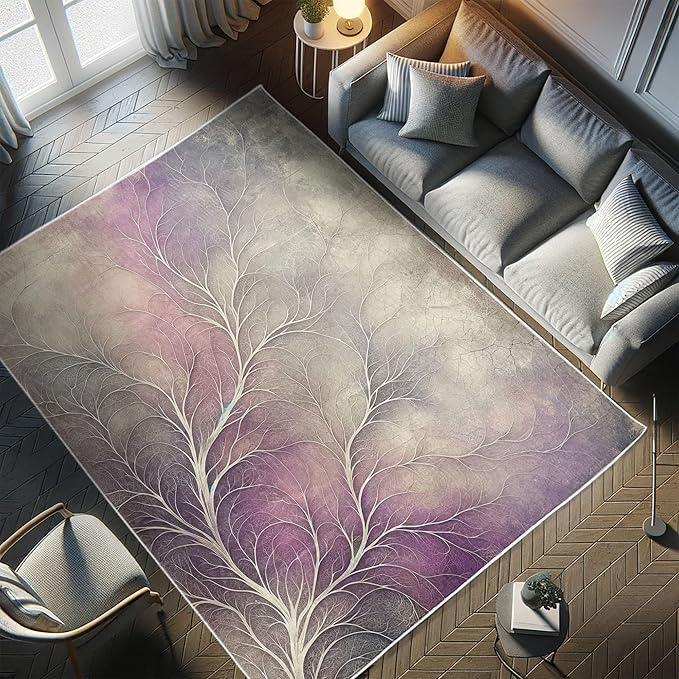 Ambesonne Branches Decorative Rug, Modern Abstract Concept Dreamy Clouds Back Leafless Tree Silhouette, Quality Carpet for Bedroom Dorm and Living Room, 4' X 5' 5", Pale Purple Grey Mauve