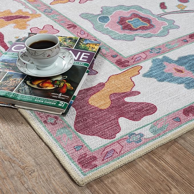 Fame Living Pink Oushak Rug, Modern Small Rugs, Vintage, Turkish, Eclectic, Floral, Pastel, Washable, Door mat, Doormat for Indoor Entrance, Entryway, Kitchen, Bathroom, Bedroom, Laundry, 2'x3'