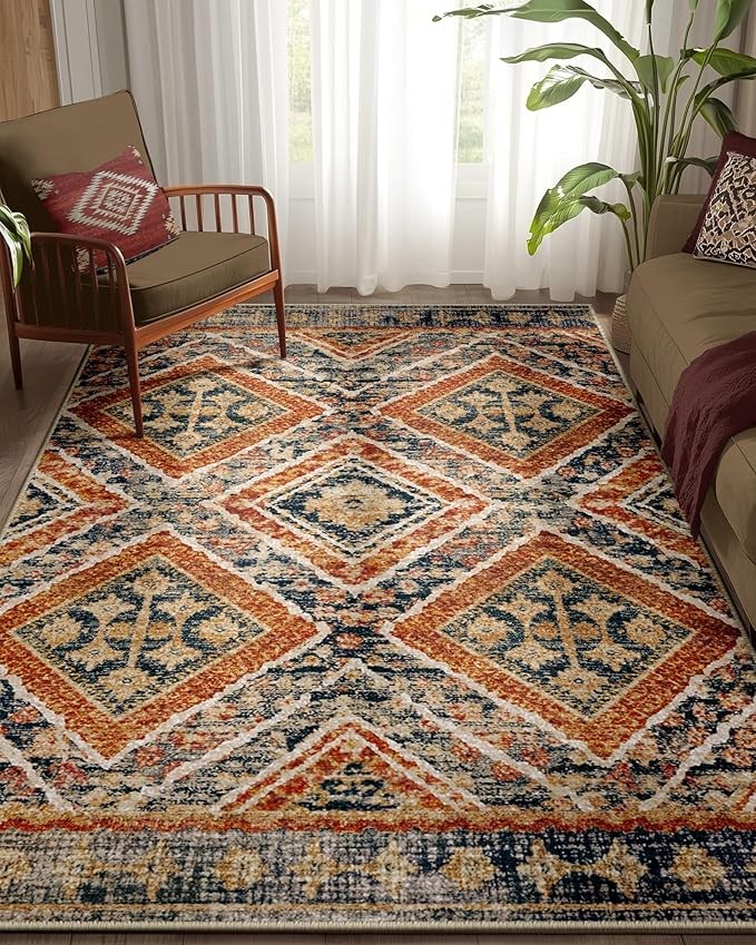 Area Rug 5x7 Rug Machine Washable Non-Slip Low Pile Print Pattern Fall Rug for Living Room Bedroom Entryway Tribal Series -Orange/Brown