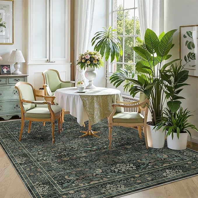 6x9 Floral Washable Area Rug for Living Room, Vintage Boho Large Rug for Bedroom Dining Room， Distressed Botanical Birds Non Slip Low Pile Forest Animal Throw Carpet for Farmhouse Office, Dark Green
