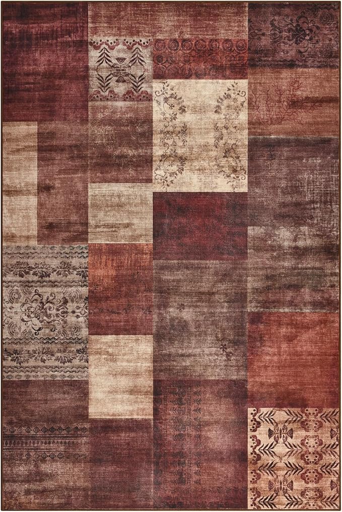 Tepook Modern Area Rug for Living Room, 4x6 Geometric Large Rugs for Bedroom, Washable Patchwork Rug Indoor Non-Slip Throw Carpets for Dining Room Office Farmhouse Home Decor, Red