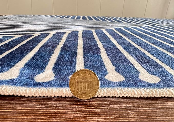 GLN Rugs Contemporary Collection - Machine Washable Area Rug, Contemporary Washable, Non Slip, Low Pile Chenille Rug, Living Room, Bedroom, Kitchen Rug (3' x 5' Lines Blue)