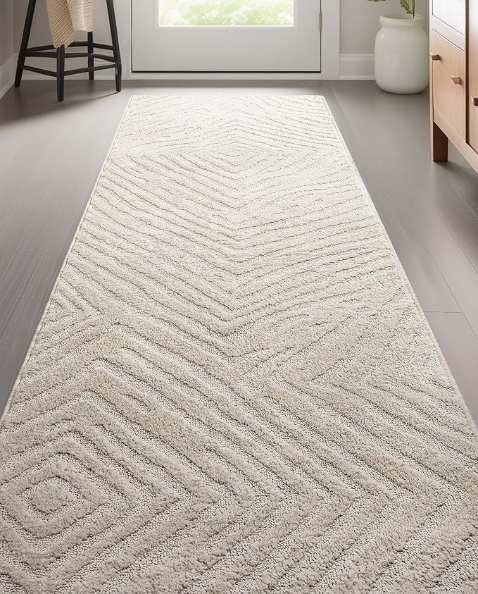 Well Woven Custom Size Hallway Stair Runner - Choose Your Length - 27 Inches Wide x 18 Feet Long Runner (27" x 18' Runner) Rug - Ivory Relajo Soft Touch, Modern Geometric - Hi-Lo Pile