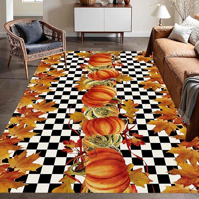 Pumpkin Area Rugs, 5x6ft, Fallen Leaves Autumn Harvest Pumpkins Black and White Checkered Rug, Ultra-Thin Rubber Non Slip Geometric Carpet for Living Room Playroom