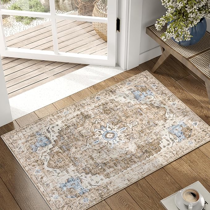 jinchan Kelda Area Rug 2x3 Entryway Rug Washable Soft Indoor Vintage Floor Cover Retro Distressed Mat Accent Lightweight Non-Slip Carpet for Entrance Bathroom Kitchen Living Room Bedroom Brick Red