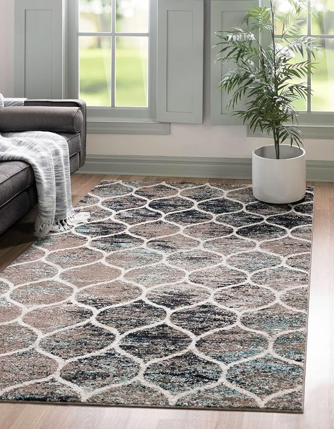 Rugs.com Lattice Frieze Collection Rug – 8' x 11' Blue Multi Medium Rug Perfect for Living Rooms, Large Dining Rooms, Open Floorplans