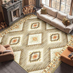 Area Rug 8x8 Rug Machine Washable Non-Slip Low Pile Print Pattern Western Rug for Living Room Bedroom Entryway Tribal Series -Cream/Camel