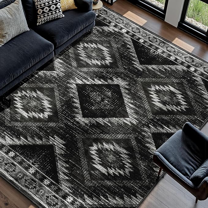 Area Rug 6x8 Rug Machine Washable Non-Slip Low Pile Print Pattern Western Rug for Living Room Bedroom Entryway Tribal Series-Black