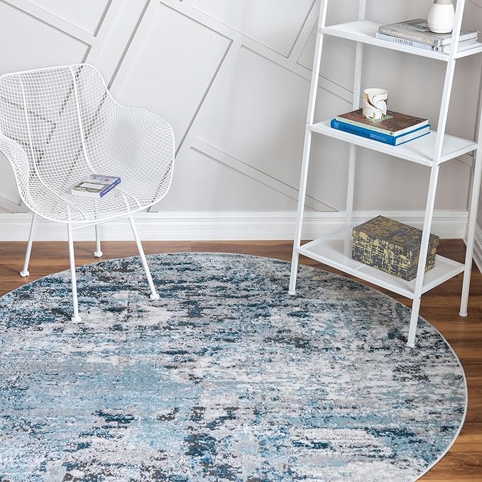 Rugs.com Leipzig Collection Rug – 8 Ft Round Blue Low-Pile Rug Perfect for Kitchens, Dining Rooms