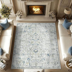 jinchan Kalen Area Rug 9x12 Washable Living Room Rug Vintage Indoor Large Floor Cover Retro Distressed Floral Country Boho Lightweight Non Slip Thin Carpet for Kitchen Bedroom Dining Room Office Blue