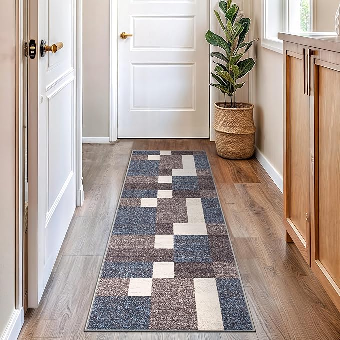 Rugshop Modern Boxes Design Non-Slip (Non-Skid) Carpet for Hallway,Entryway,Kitchen Runner Rug 2' x 10' Blue