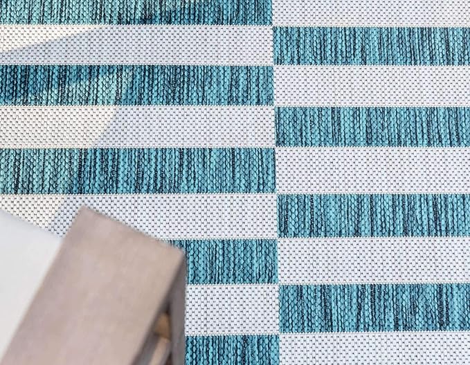 Unique Loom Outdoor Striped Collection Area Rug - Striped (7' 1" x 10' Rectangle, Teal/Ivory)