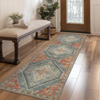 Bavni Runner Rug 2x12 Kitchen Rugs for Hallways Entryway, Washable Vintage Print Carpet, Ultra-Thin Chenille Low Pile Lightweight Rug with Non Slip Backing, Light Red/Blue