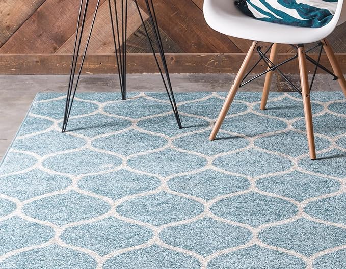 Rugs.com Lattice Frieze Collection Rug – 7' x 10' Light Blue Medium Rug Perfect for Living Rooms, Large Dining Rooms, Open Floorplans