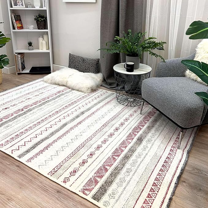 Alfa Rich 7x10 Mauve Off White Washable Area Rugs for Living Room Bedroom Kitchen Decor Cotton Rug