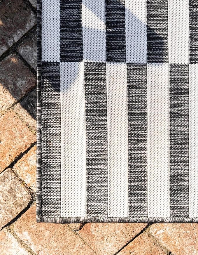 Unique Loom Outdoor Striped Collection Area Rug - Striped (2' x 6' 1" Runner, Charcoal/Ivory)