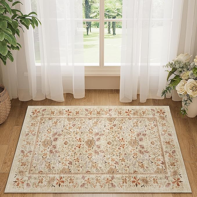 DUKINO 2x3 Entryway Rug, Floral Washable Area Rug with Non Slip Indoor Door Mat, Vintage Low Pile Small Front Door Throw Carpet for Kitchen, Entrance, Bathroom, Bedroom, Beige