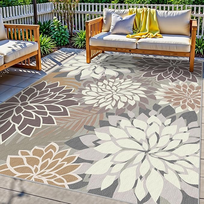 3x5 Washable Rug for Living Room Tropical Botanical Modern Floral Chenille Area Rugs Low Pile Non Slip Carpet for Patio, Bedroom, Laundry, Taupe