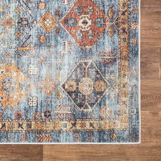 Bloom Rugs Washable Non-Slip 9' x 12' Rug - Blue/Orange Traditional Bordered Area Rug for Living Room, Bedroom, Dining Room, and Kitchen - Exact Size: 9' x 12'