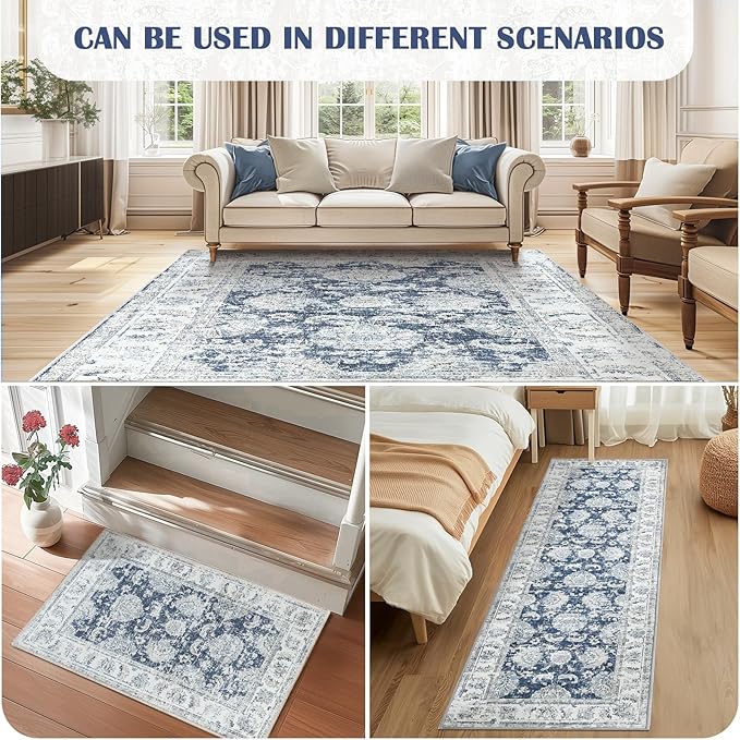 jinchan Fiora Floral 2x3 Rug for Entryway - Vintage Washable Small Non-Slip Distressed Indoor Doormat Ultra-Thin Low-Pile Accent Rug for Entrance Kitchen Bedroom Bathroom (2x3ft, Dark Blue)