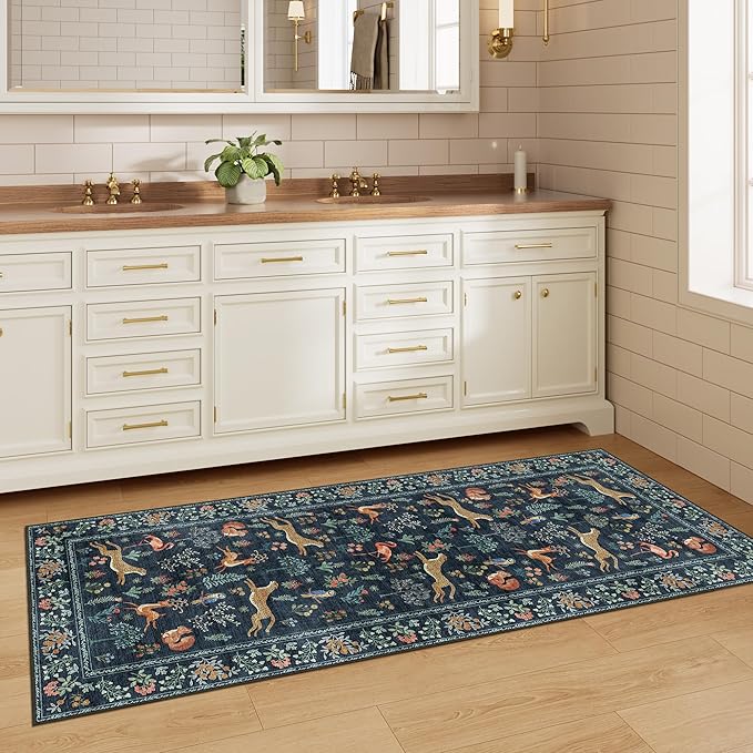 DUKINO 2x5 Rug for Hallway, Washable Kitchen Runner Rug with Non Slip Backing, Soft Low Pile Vintage Animal Runner for Bedroom, Kitchen, Hallway, Entryway, Laundry, Navy Blue
