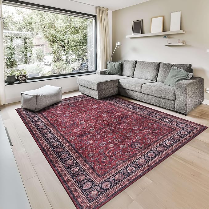 GLN Rugs Traditional Collection - Machine Washable Area Rug, Traditional Washable, Non Slip, Low Pile Chenille Rug, Living Room, Bedroom, Kitchen Rug (3' x 5' Dark Red)
