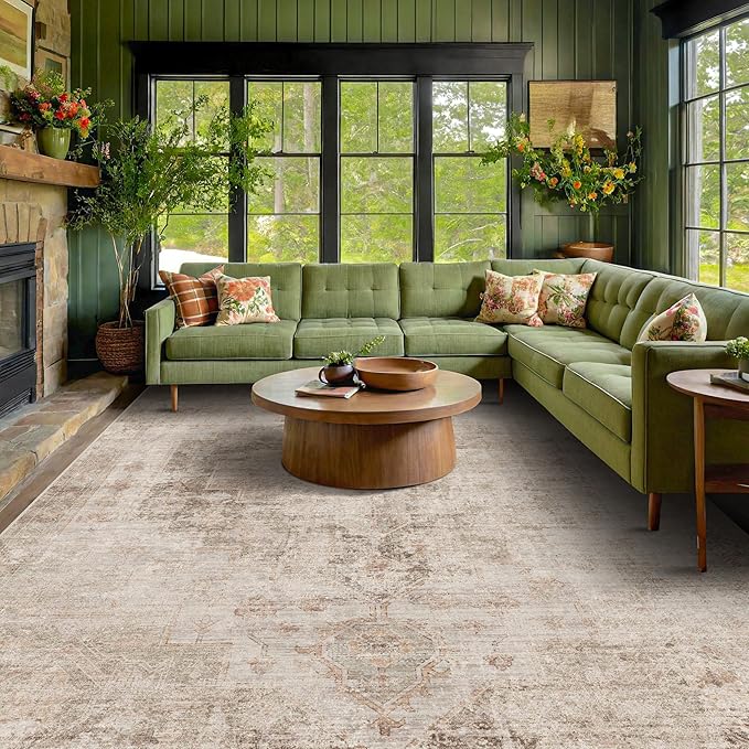 Tan Rugs for Living Room - 10x12 Vintage Large Floor Carpet Rug for Dining Room Under Table, Washable Non Slip with Rubber Backed