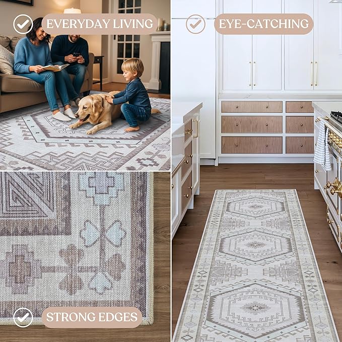 Fame Living Washable Area Rug. Modern Farmhouse. Vintage. Turkish. Bohemian. Distressed. Oriental. Traditional. Rugs for Living Room. Dining. Bedroom. Office. Entryway. Foyer. (856BrC, 2'5" x 4'9")