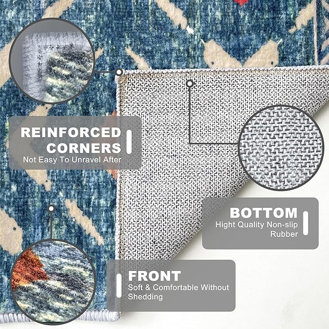 KILOCOCO Hallway Runner Rug 2.6'x10' Runners for Hallways Washable Runner Soft Non Slip Printed Geometric Low-Pile Rugs Runners for Bedroom Kitchen Living Room Boho Rugs, Teal/Blue