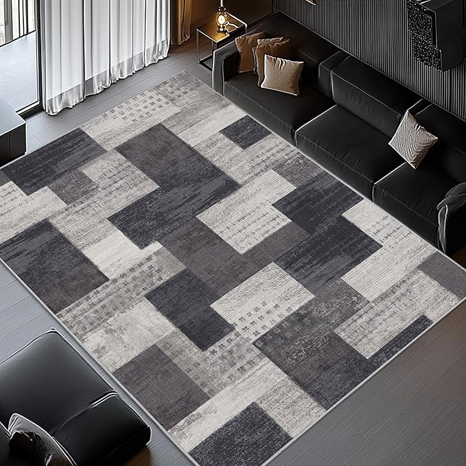 Modern Geometric Patchwork Indoor Area Rug for Living Room, Charcoal 8'x 10' Large Rug Rockwood Collection Hardwood Floors Decor for Bedroom, Grey Throw Carpet for Office Entryway Dining Room