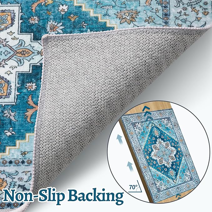 Tangsoo Blue 4x6 Area Rug, Vintage Washable Non Slip Indoor Rugs, Oriental Machine Washable Rug Carpet, Soft Low Pile Foldable Floor Rugs for Dining Room Bedroom Living Room Home Decor