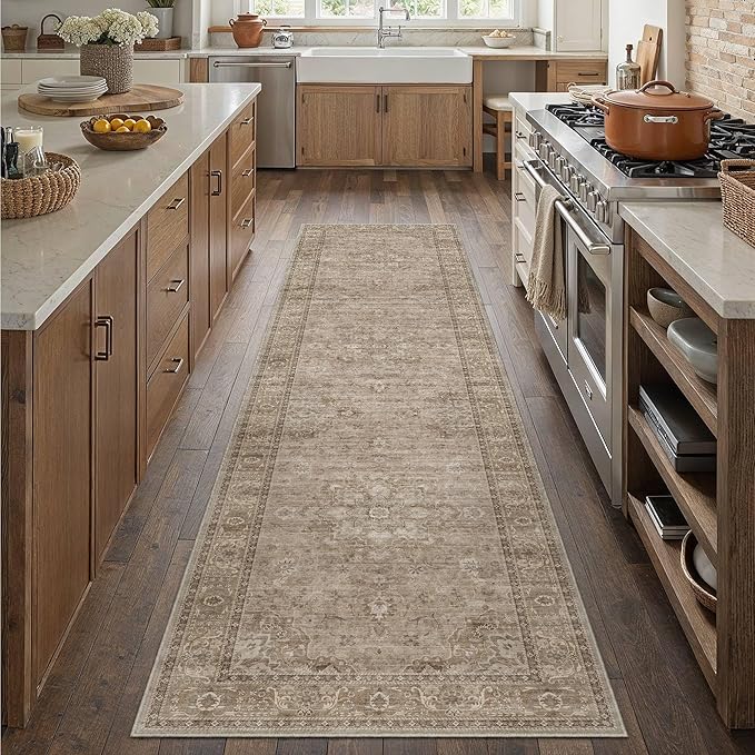HUGEAR Washable Hallway 2x8 Runner Rugs Retro Brown Vintage Distressed Non Slip Stain Resistant Low Pile Neutral Throw Carpet for Bedside Kitchen Entryway Home Decor