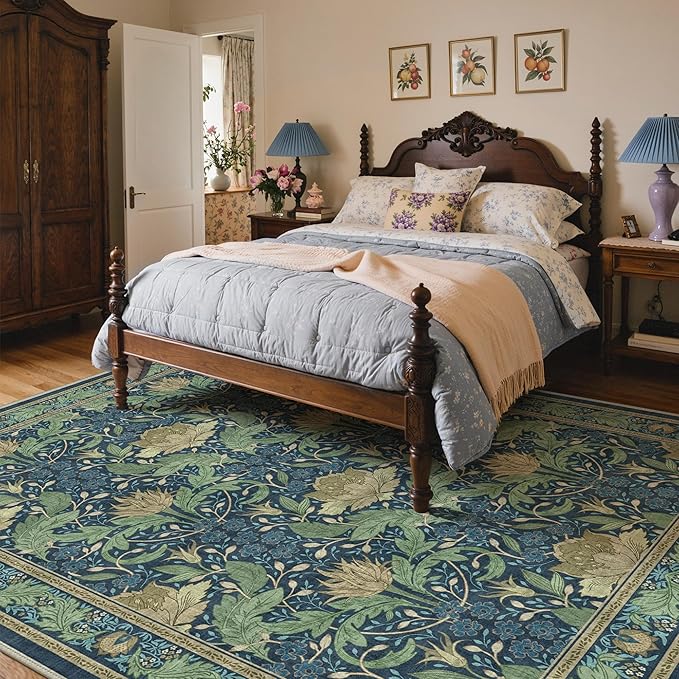 Bavni 9x12 Area Rugs, Floral Machine Washable Rugs for Living Room, Dinning Room, Bedroom, Non Slip Aesthetic Vintage Low Pile Durable Lightweight Farmhouse Rug, Tea Green/Blue