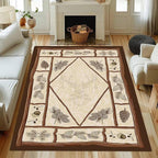 Country Cottage Deer Area Rugs 5x8ft Animal Plant Pine Cone Leaves Branches Patchwork Pattern Featured Indoor Floor Rugs, Vintage Style Non-Slip Non-Shedding Rugs for Farmhouse Office Living Room