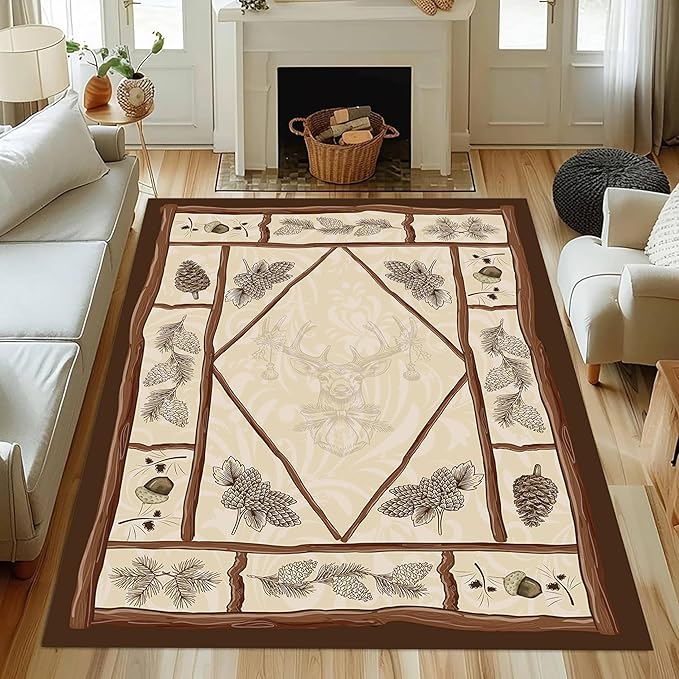 Country Cottage Deer Area Rugs 4x6ft Animal Plant Pine Cone Leaves Branches Patchwork Pattern Featured Indoor Floor Rugs, Vintage Style Non-Slip Non-Shedding Rugs for Farmhouse Office Living Room