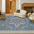 6x9 Blue Floral Rug for Dining Room Table - Area Rugs for Living Room, Bedroom, Insect Moth Art Nouveau Décor, Washable Lightweight Foldable Non Slip