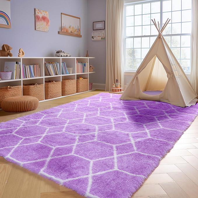 ONASAR Area Rugs for Bedroom Living Room, Washable 4x6 Fluffy Purple and White Throw Rug, Boho Geometric Soft Shaggy Fuzzy Plush Indoor Floor Carpet for Kids Teen Nursery Dorm Home Decor Aesthetic