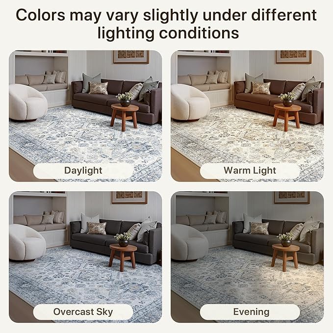 Bavni Washable Runner Rug 2’6”x8’, Non Slip Vintage Hallway Runner, Ultra Thin Low Pile Washable Carpet for Kitchen Entryway Bedroom, Light Blue