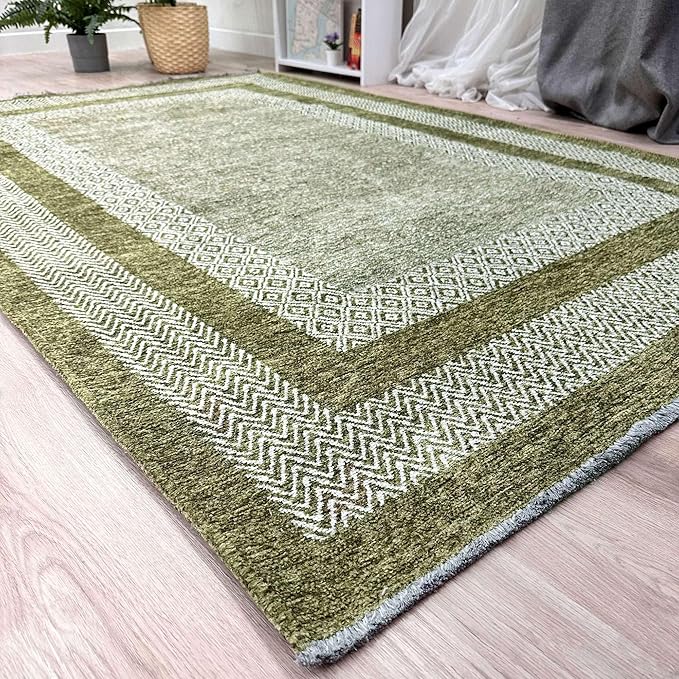 Alfa Rich 4x6 Green Washable Area Rugs for Living Room Bedroom Kitchen Cotton Pet Friendly Rug