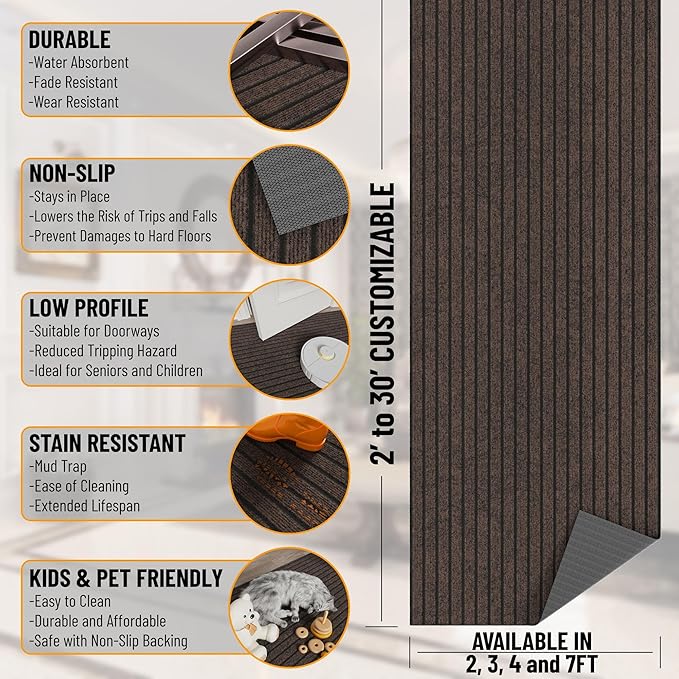 Ottomanson 2'7" x 9' Hallway Runner with Scraper Pile - Extra Durable Non-Slip Rug Mat for Indoor & Outdoor Use - Ideal for Kitchen, Entryway & Garage - High-Traffic Carpet, Brown