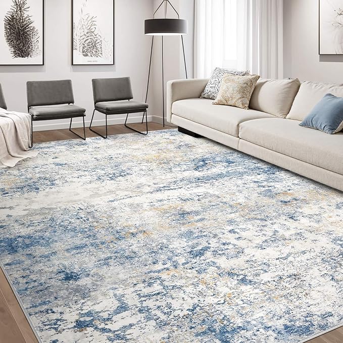 Area Rug Living Room Rugs - 10x12 Abstract Large Soft Indoor Washable Rug Neutral Modern Low Pile Carpet for Bedroom Dining Room Farmhouse Home Office - Blue