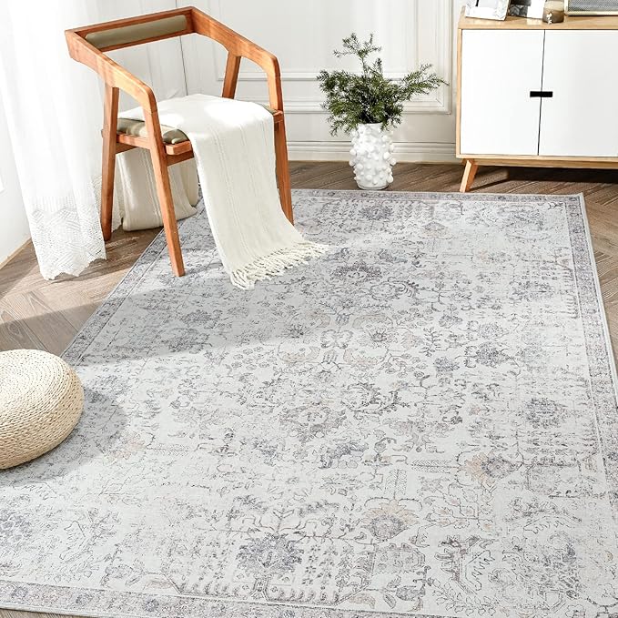 jinchan Kalen Area Rug 3x5 Washable Entryway Rug Vintage Door Mat Indoor Entrance Thin Retro Distressed Gray Floral Doormat Country Boho Lightweight Non Slip Carpet for Bathroom Kitchen Bedroom Grey